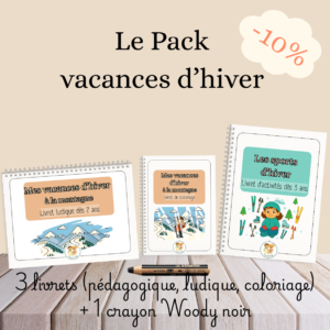 Pack VACANCES D’HIVER – 3 livrets ( 1 livret ludique + 1 livret de coloriage « mes vacances d’hiver à la montagne » +  1 livret pédagogique « Les sports d’hiver » + 1 crayon Woody noir